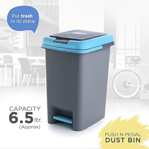 Plastic Push N Pedal Dust Bin | Hands-Free Operation, Compact Design, Unbreakable Plastic | Ideal for Kitchen, Office & Bathroom Use 6.5 Litres (1 Pc / Mix Color) Description :- Keep your surroundings clean and clutter-free with this 6.5 Litre Push N Peda